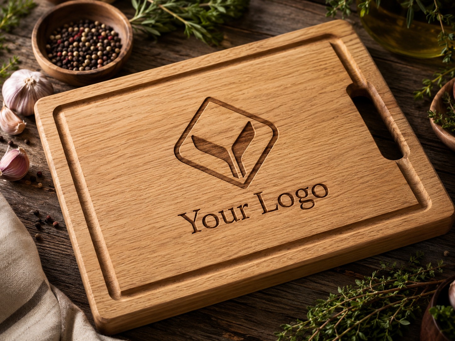 V-carved oak cutting board with personalised inscription